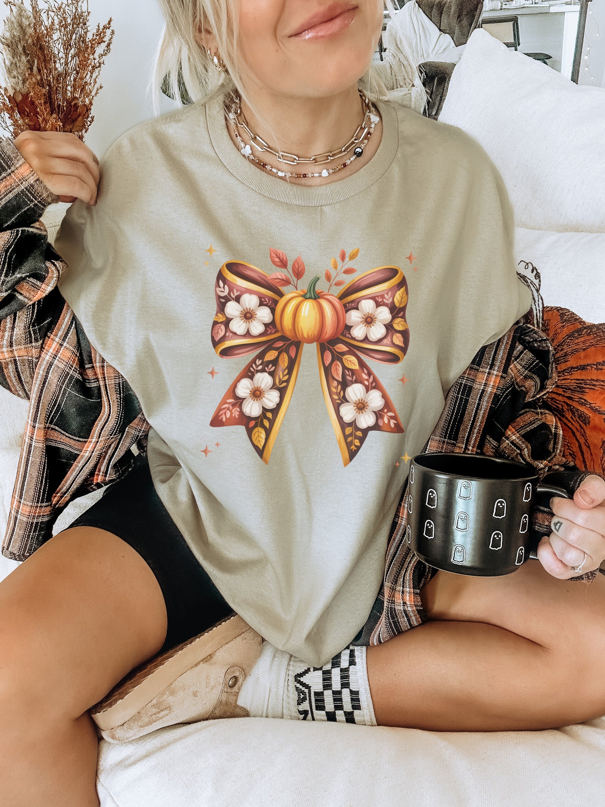 Festive Pumpkin Bow with Floral Details Graphic Shirt
