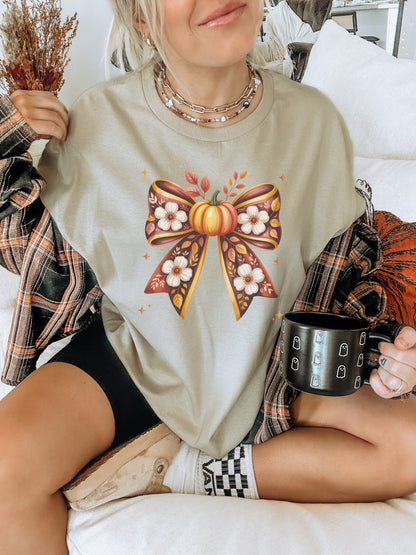 Festive Pumpkin Bow with Floral Details Graphic Shirt