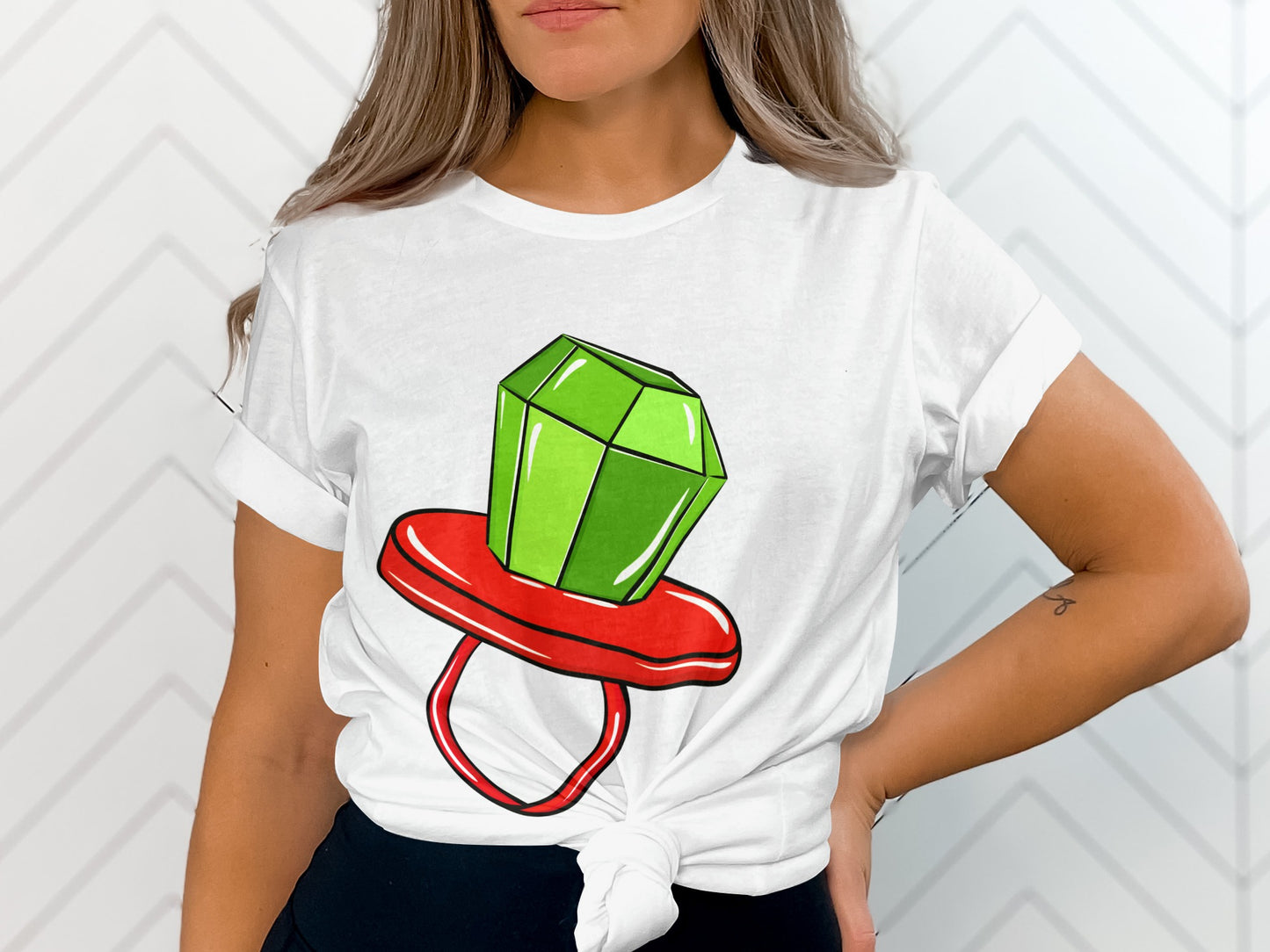 Graphic Tee with Green Gem and Lollipop Design