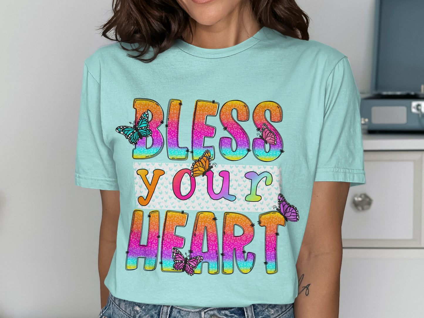 Bright Bless Your Heart Tee with Colorful Butterflies
