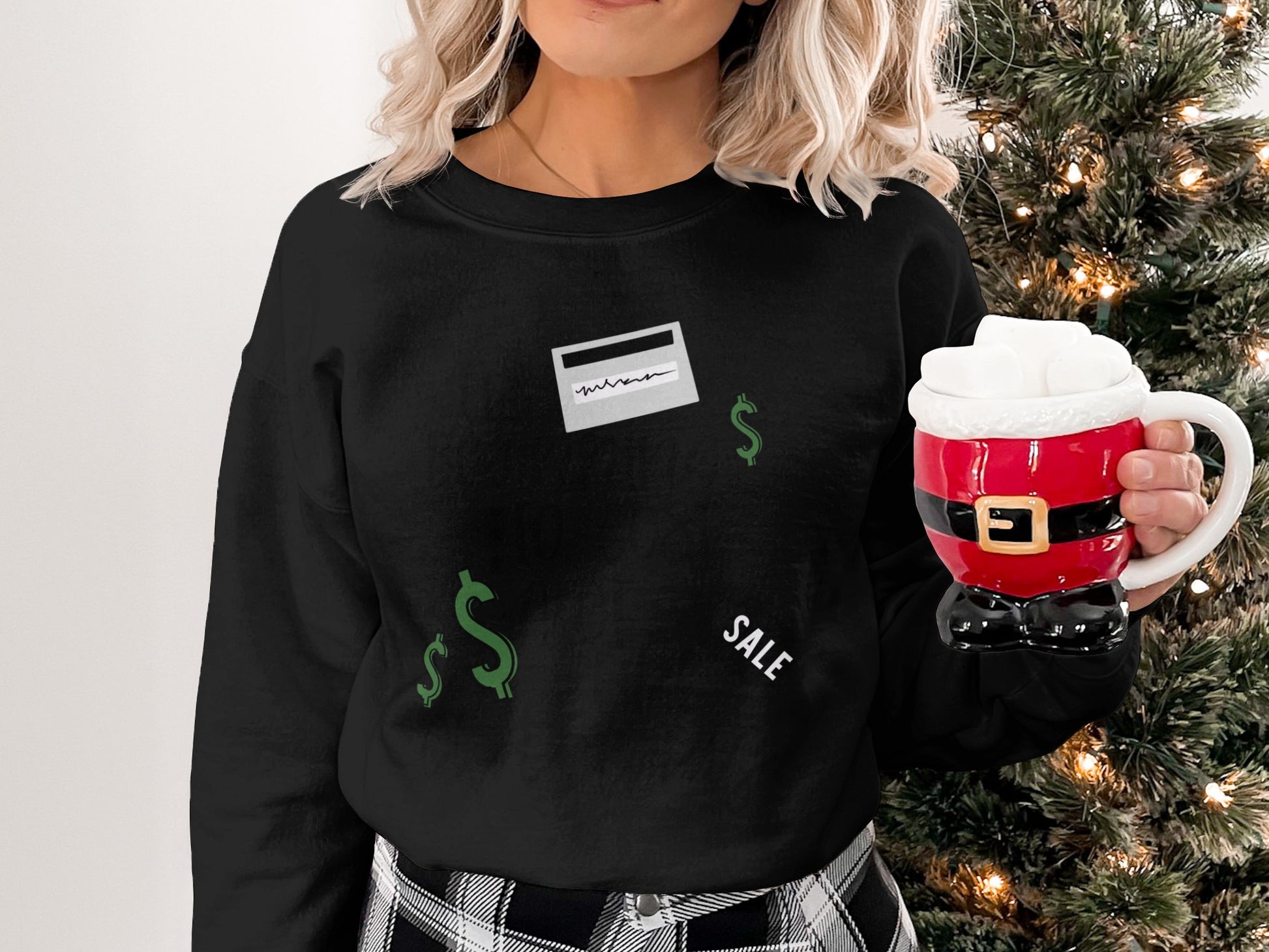 Festive Black Sweatshirt with Christmas Tree Graphics