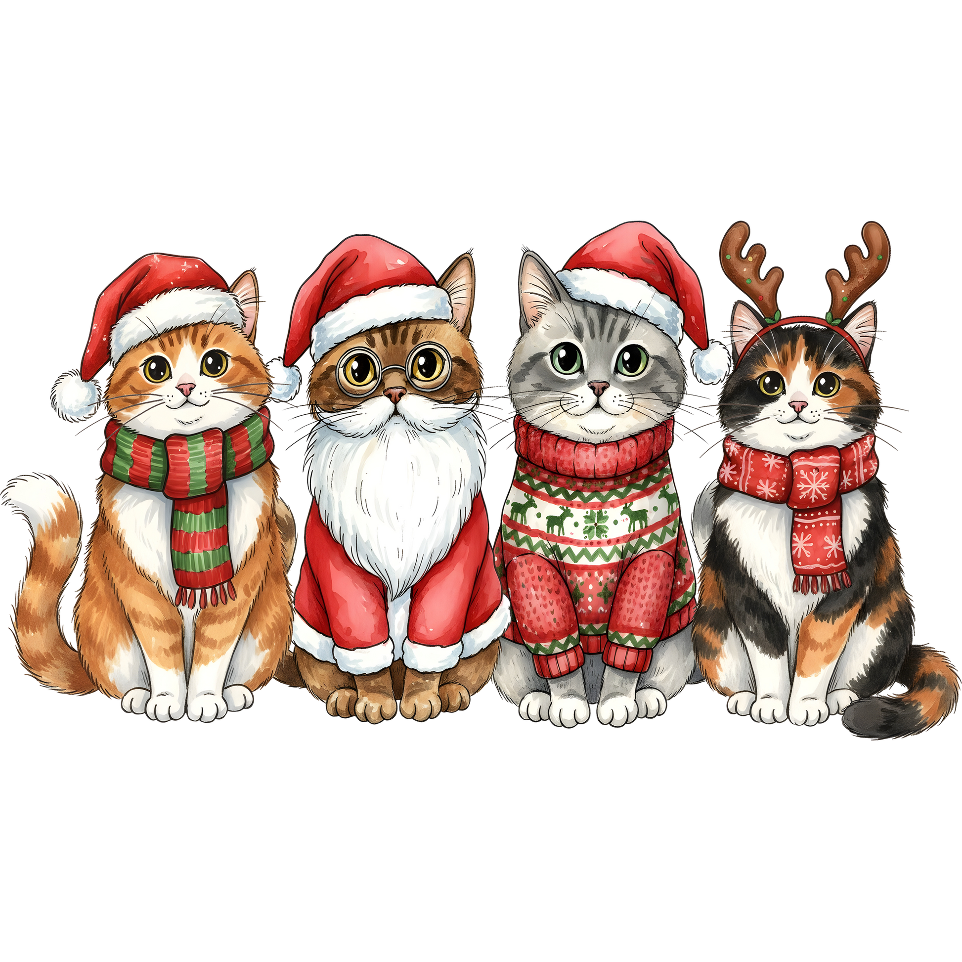 Festive Cats with Santa Hats and Scarves Holiday Art