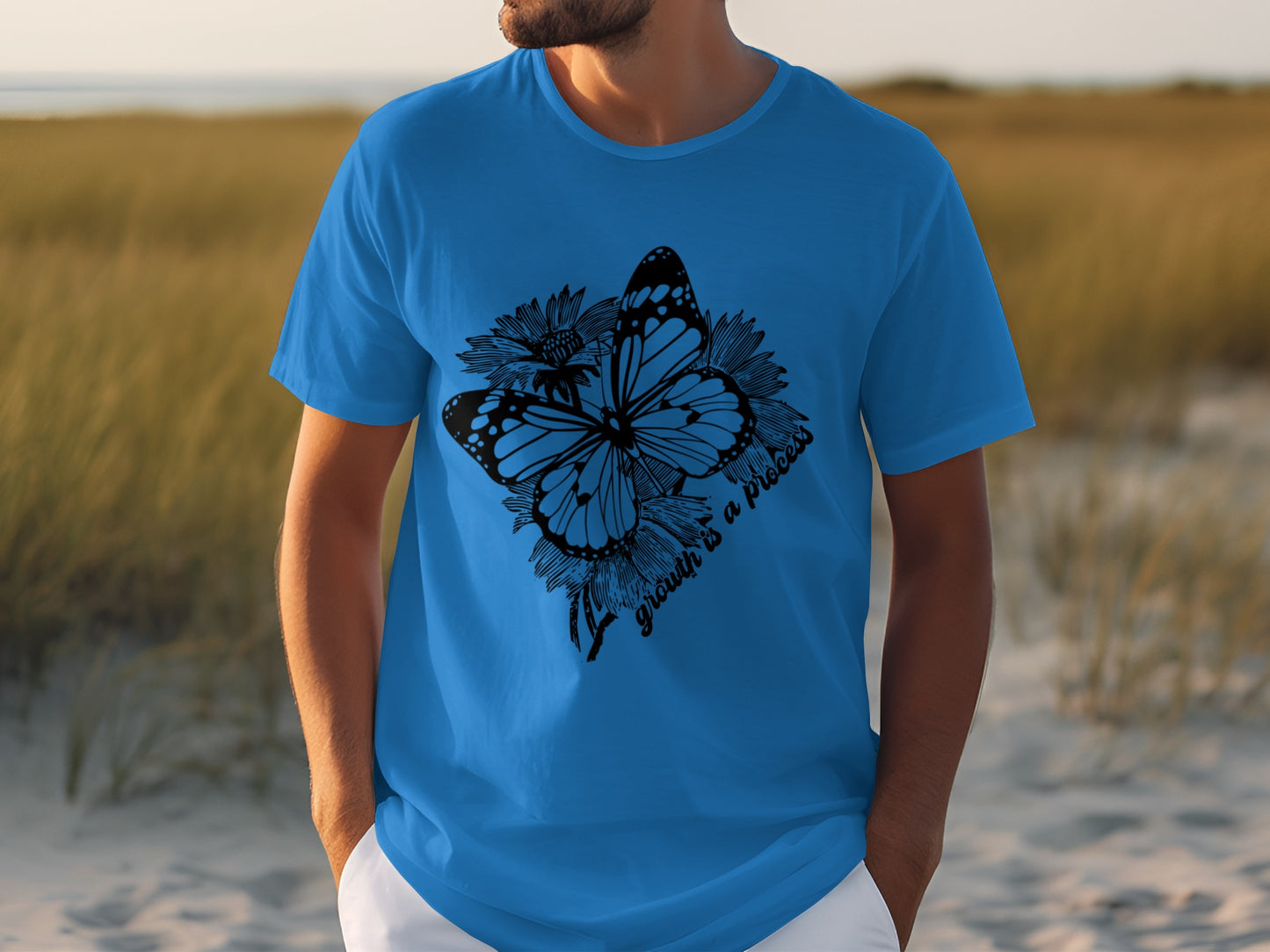 Blue T-Shirt with Floral and Butterfly Graphic Design