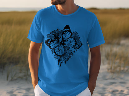 Blue T-Shirt with Floral and Butterfly Graphic Design