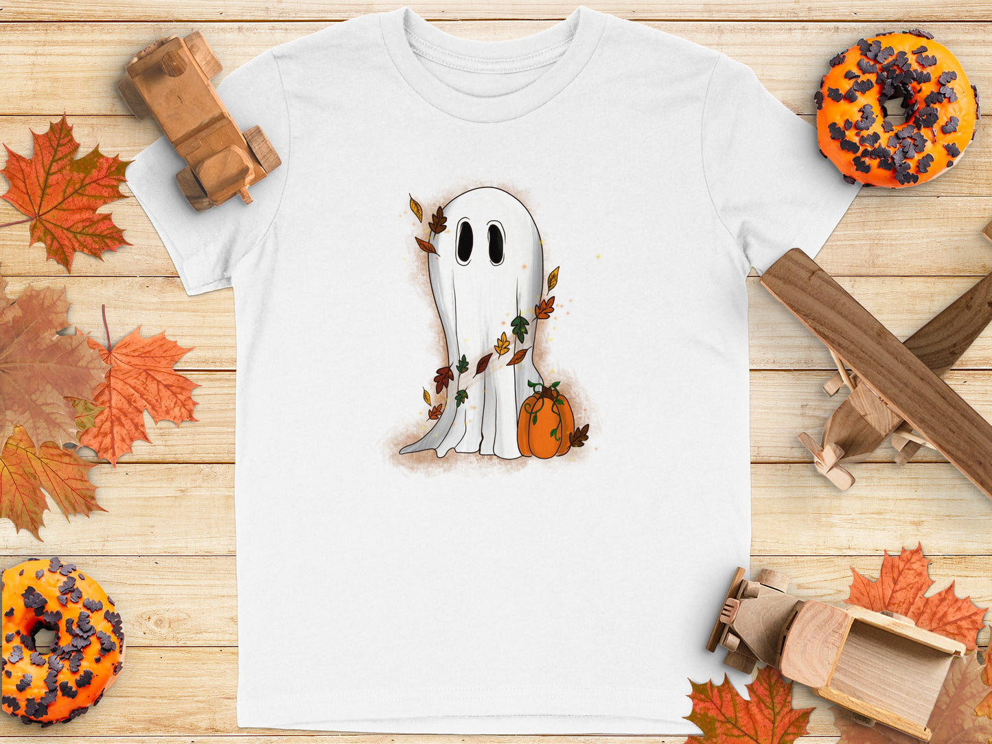 Cute Ghost with Pumpkin and Leaves T-Shirt