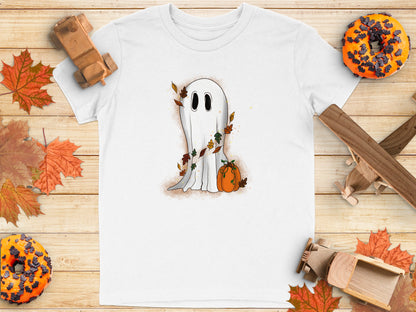 Cute Ghost with Pumpkin and Leaves T-Shirt