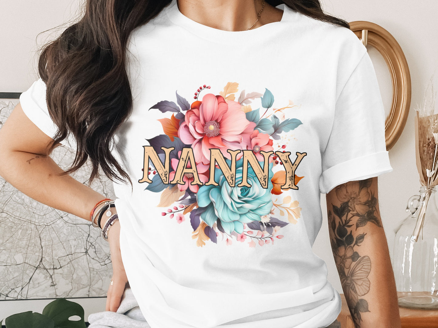 Beautiful Floral Nanny Graphic Tee Shirt