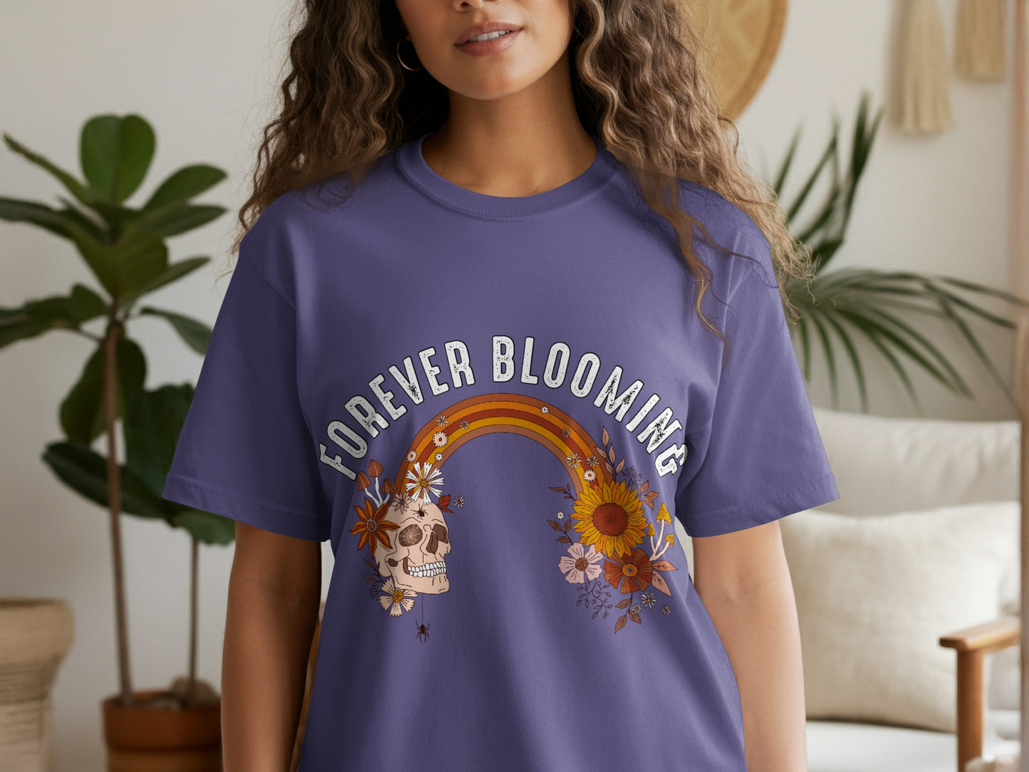 Forever Blooming Skull and Rainbow Graphic T-shirt