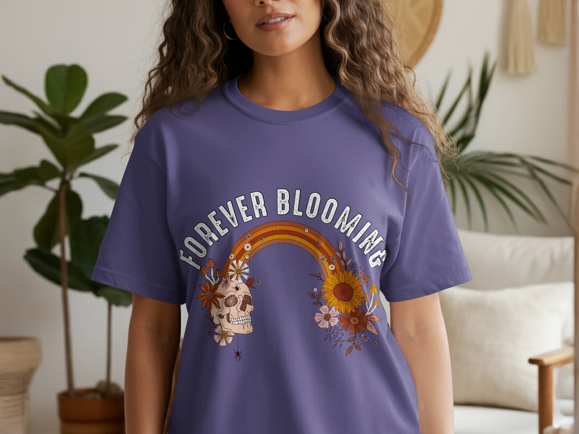 Forever Blooming Skull and Rainbow Graphic T-shirt
