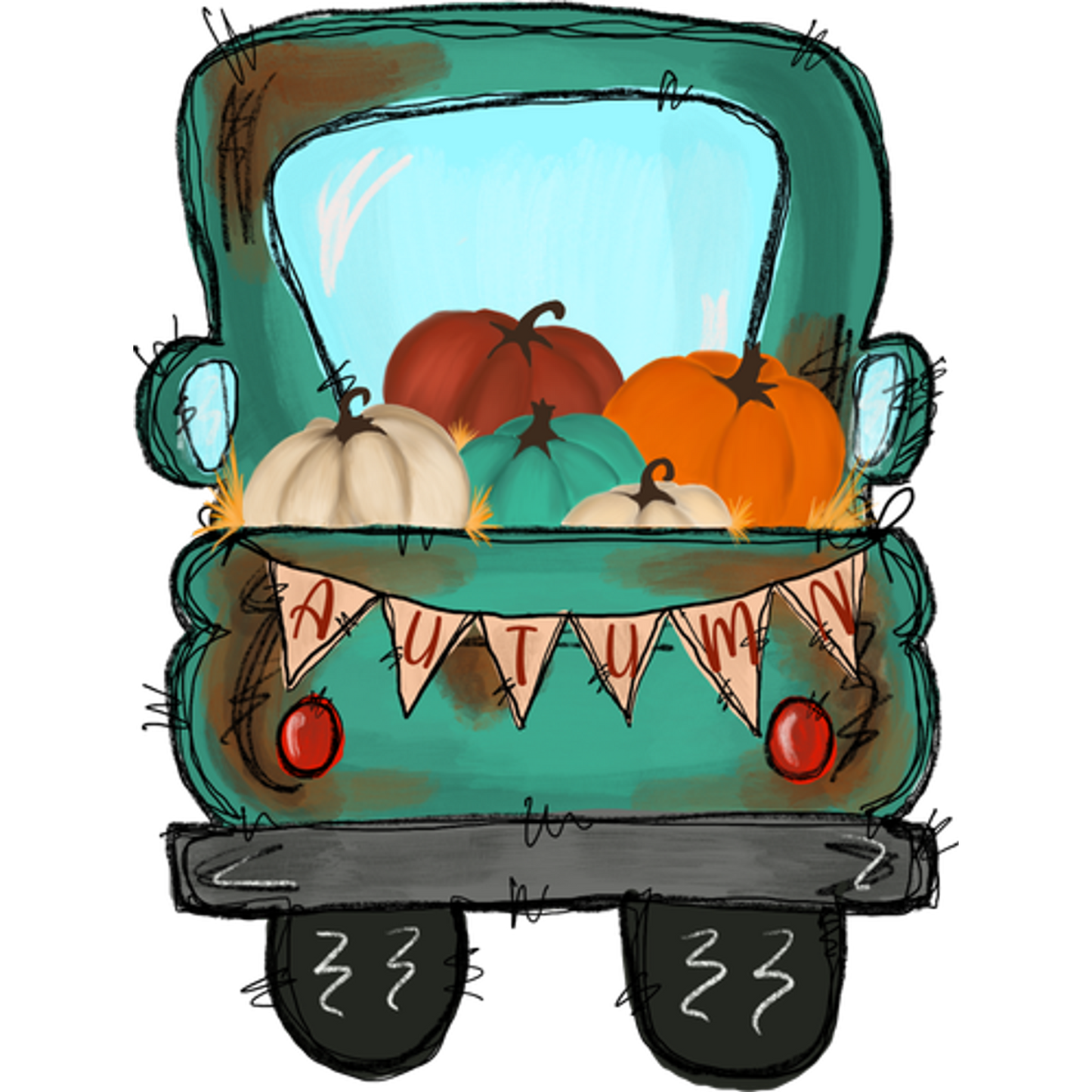 Decorated Vintage Truck with Autumn Pumpkins Art