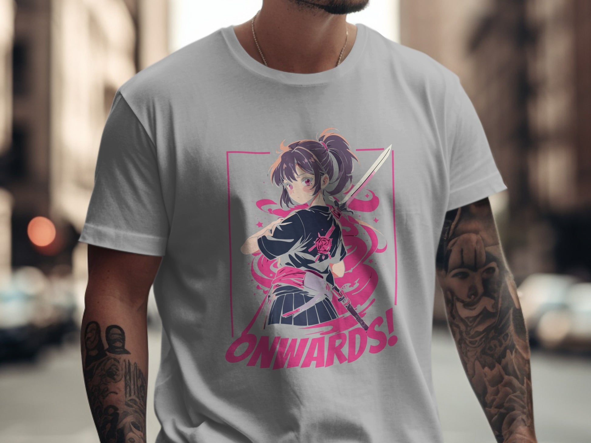 Anime Girl Holding Sword Onwards Graphic T-shirt