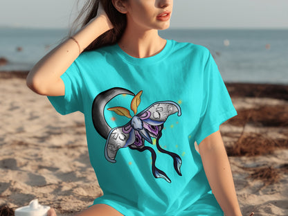 Elegant Blue T-shirt with Mystical Insect Design