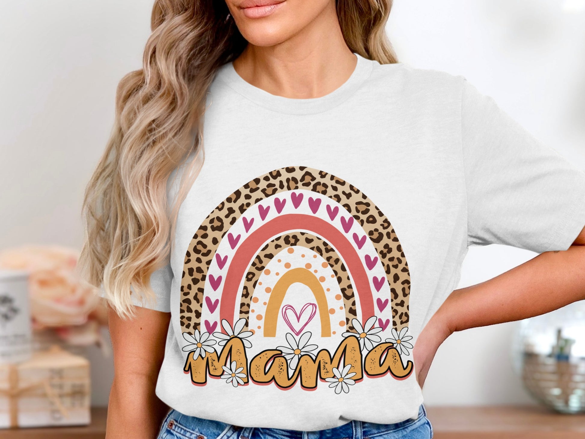 Mama Rainbow Heart and Leopard Print Shirt