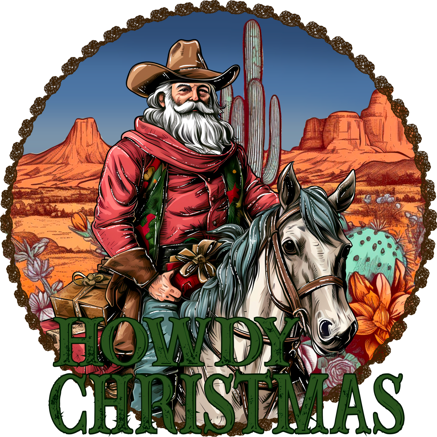 Santa on Horse with Cactus Howdy Christmas sign