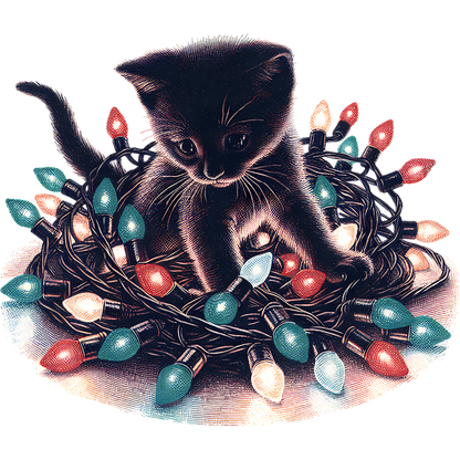 Adorable Kitten with Colorful Christmas Lights Drawing