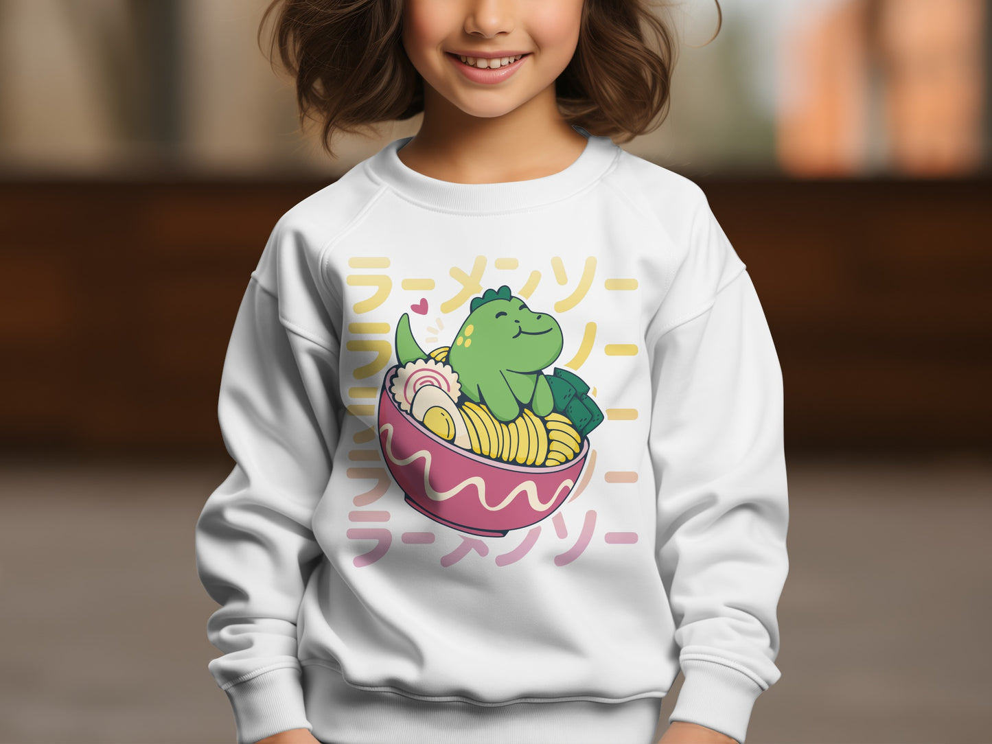 Cute Dinosaur Eating Ramen Graphic Kids Sweatshirt