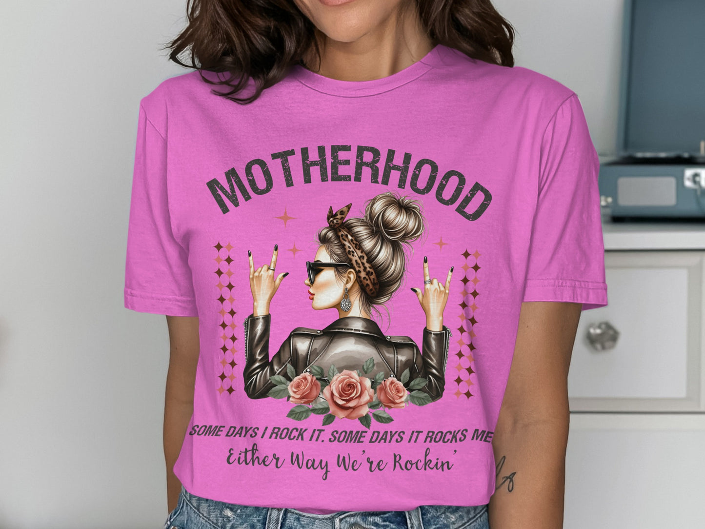 Motherhood Rockin Pink T-Shirt Playful Design