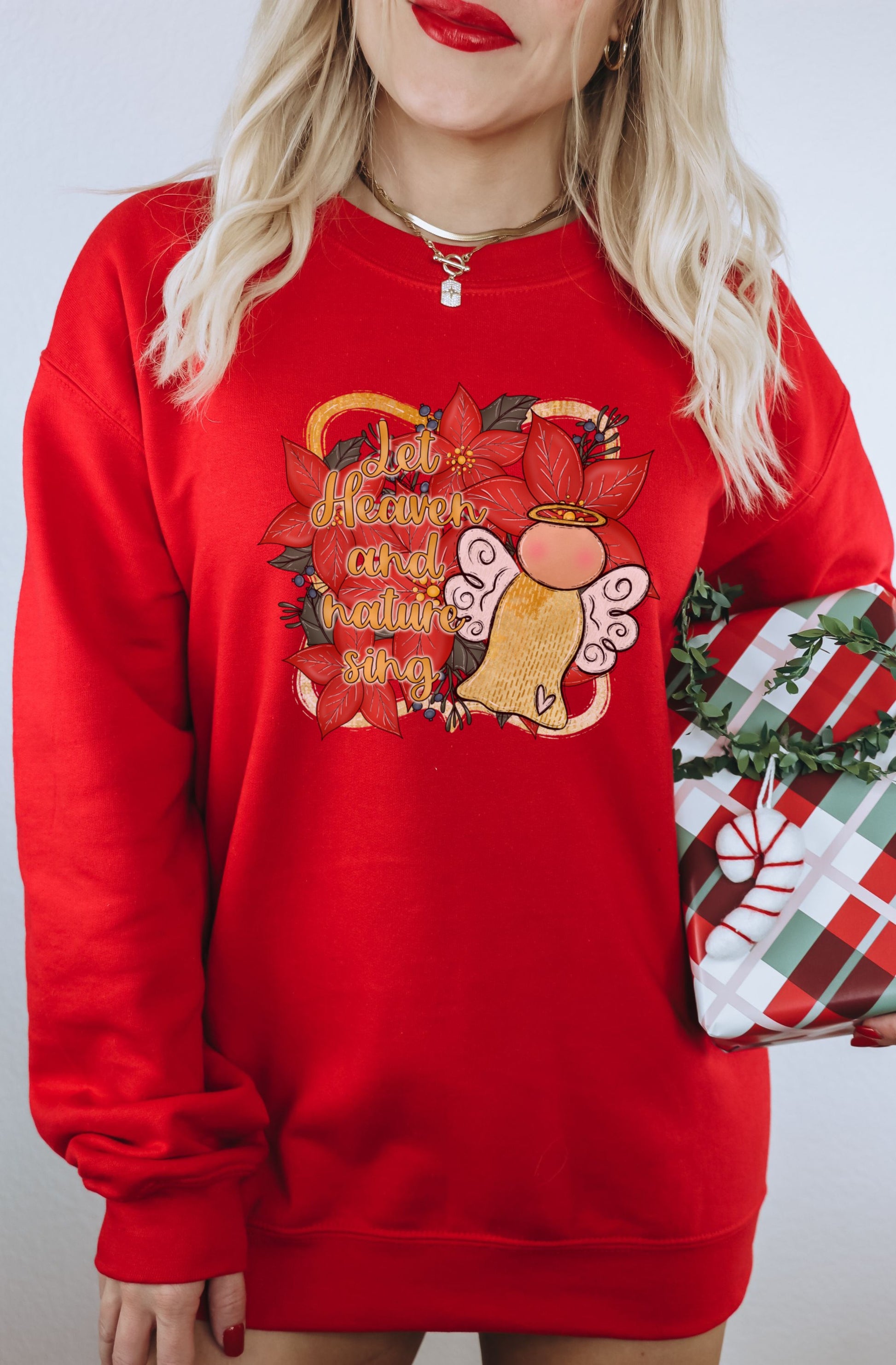 Festive Holiday Sweatshirt with Angel and Floral Design