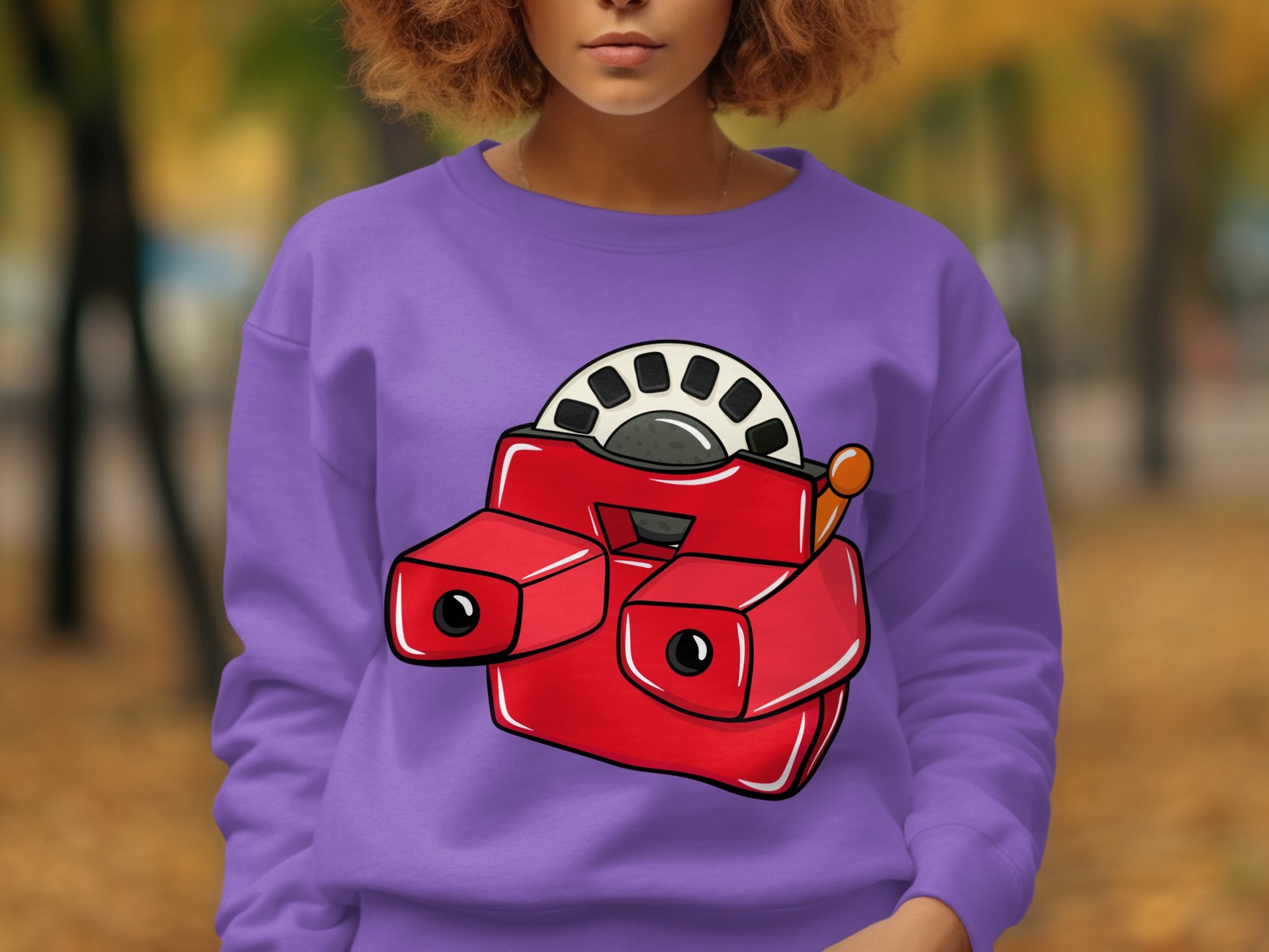 Vibrant Purple Sweatshirt Featuring Retro Red Camera Design