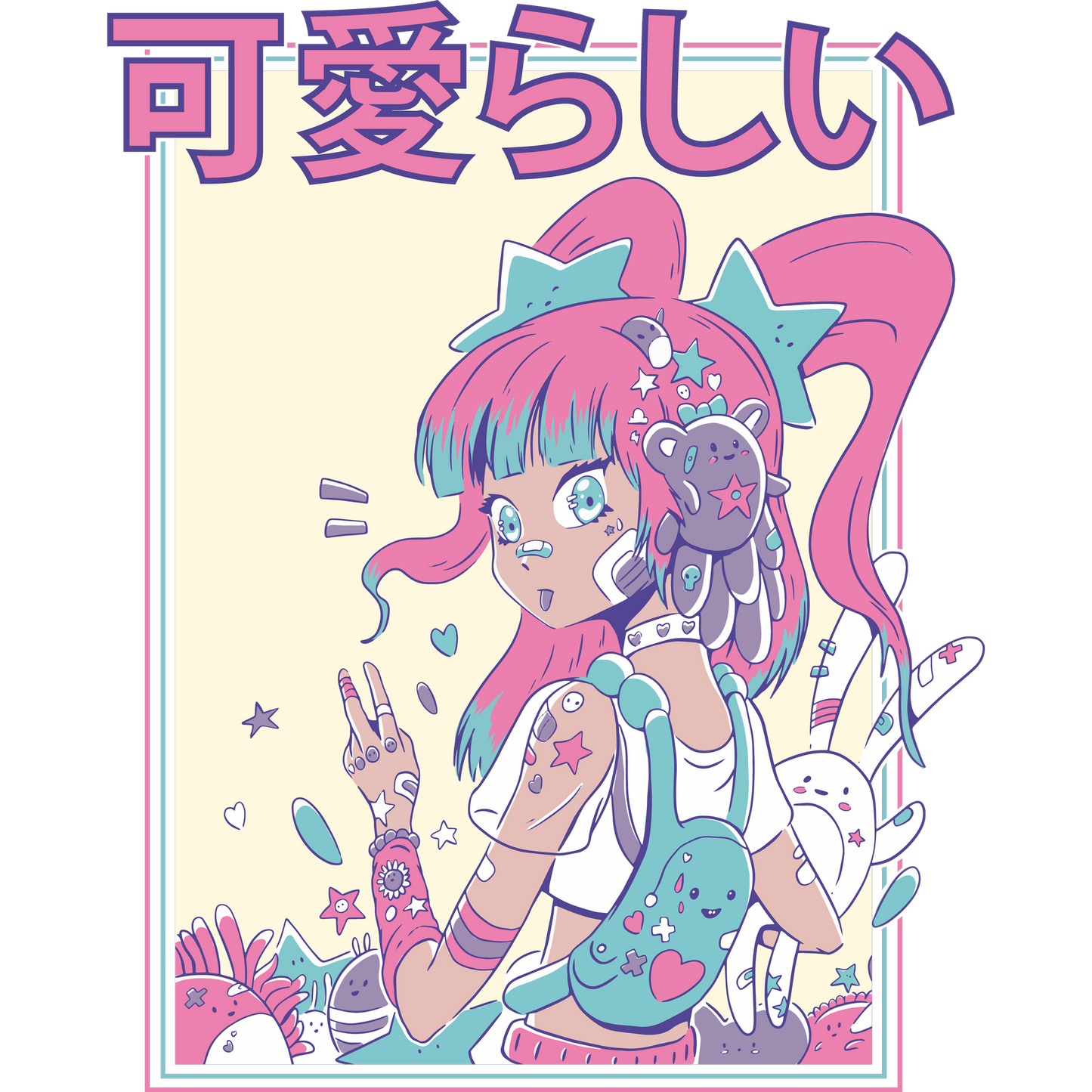 Cute Anime Girl with Neon Hair Graphic T-Shirt