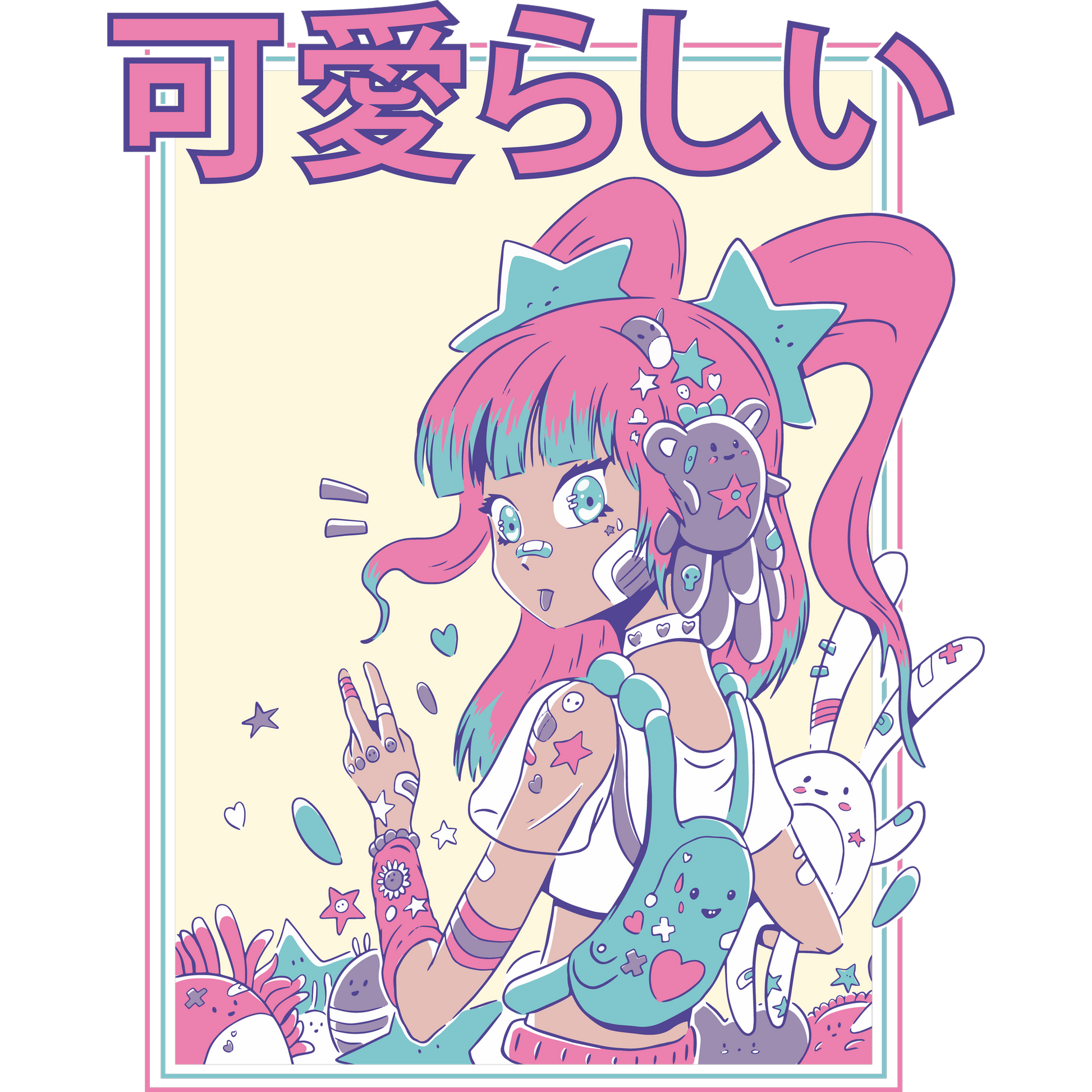 Cute Anime Girl with Neon Hair Graphic T-Shirt
