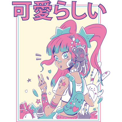 Cute Anime Girl with Neon Hair Graphic T-Shirt