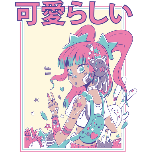 Cute Anime Girl with Neon Hair Graphic T-Shirt