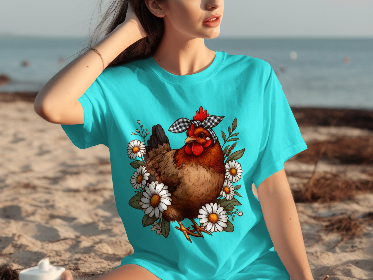 Cheerful Chicken with Daisies Graphic T-Shirt