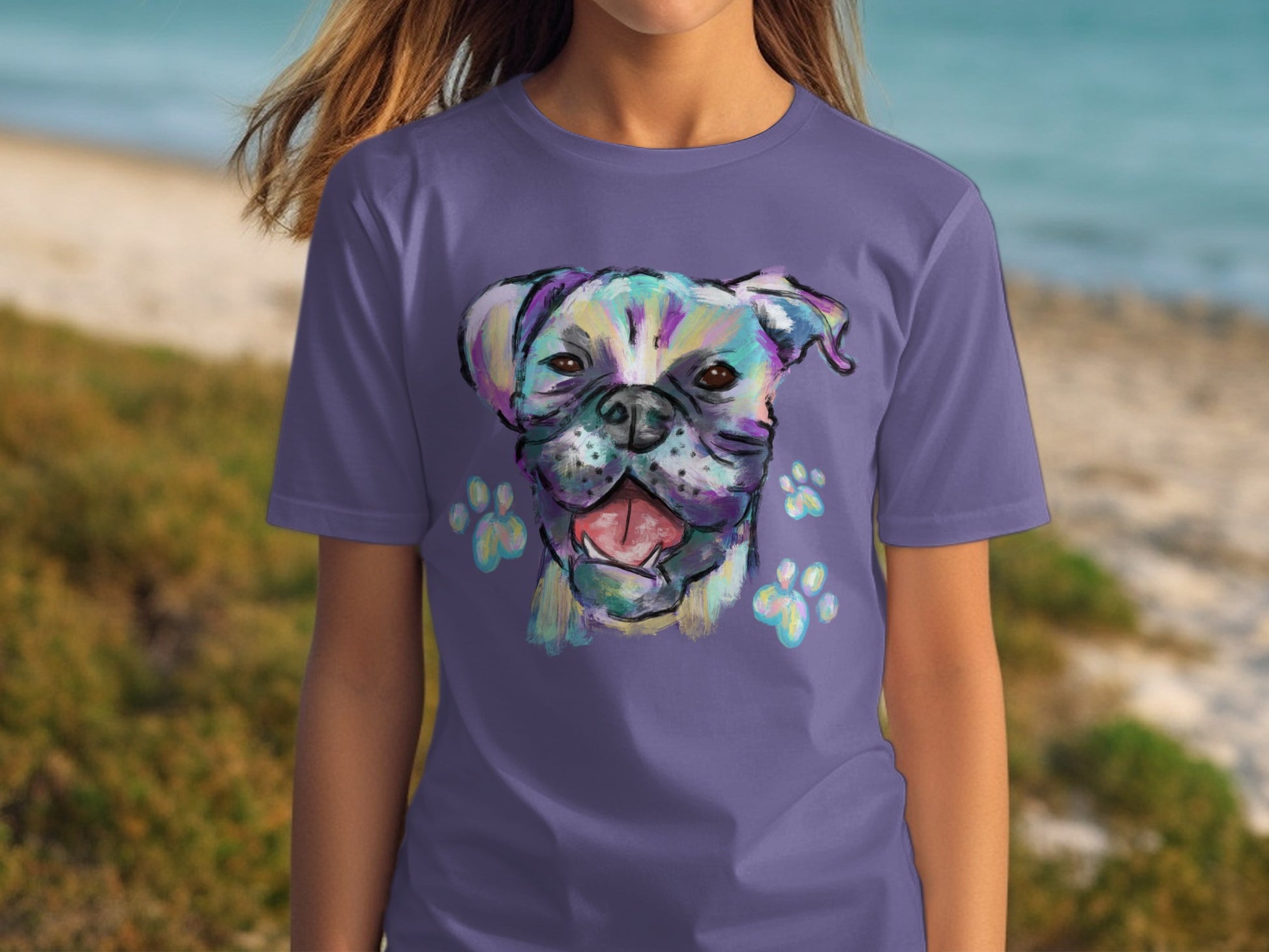 Colorful Bulldog Face Design Graphic T-shirt