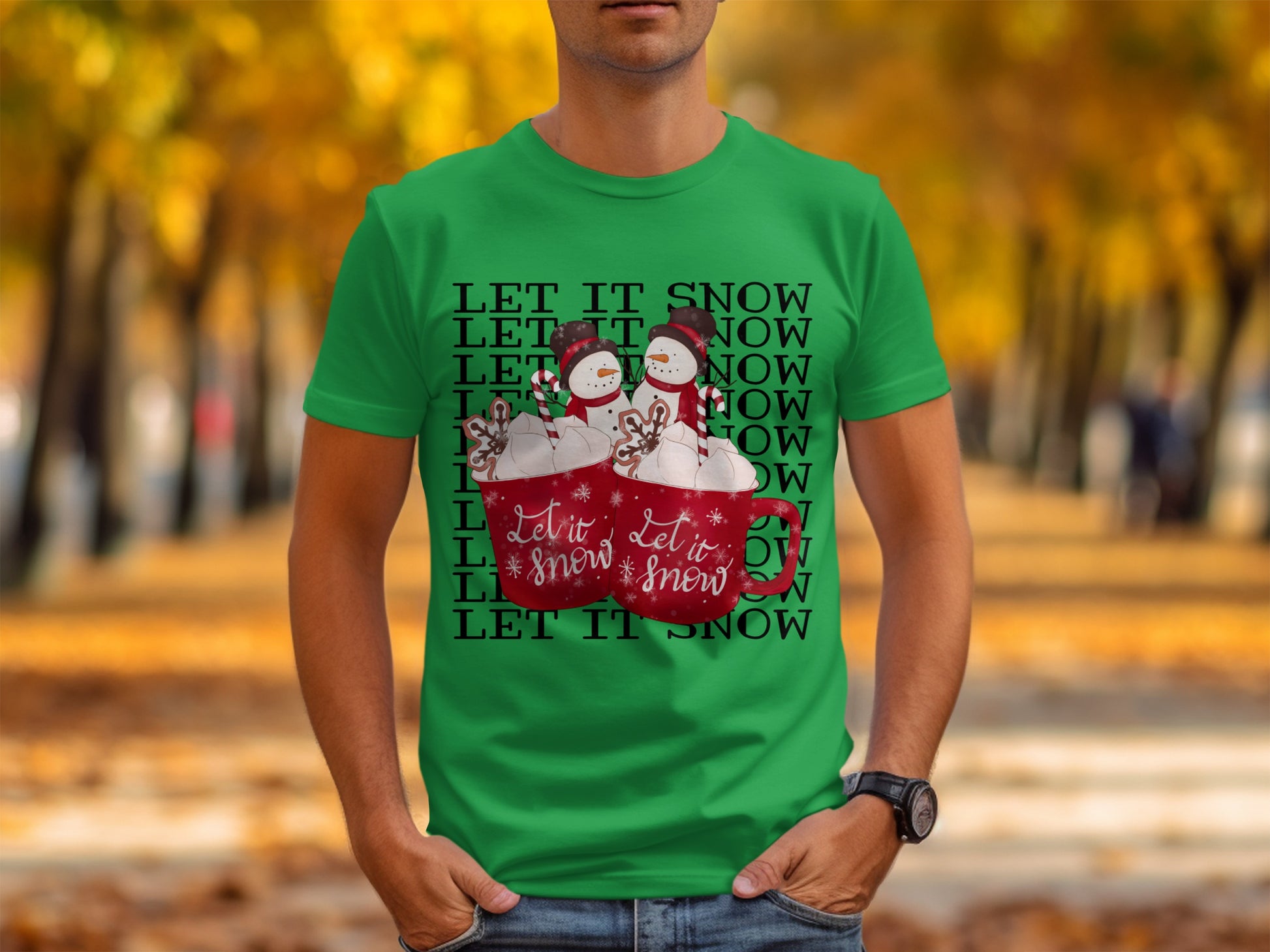 Let It Snow Snowmen and Mug Graphic Tee Shirt