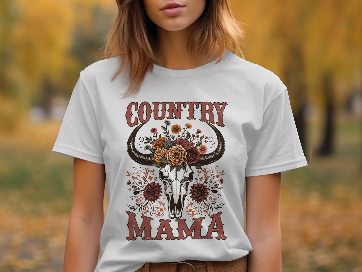 Country Mama with Floral Bull Head Graphic Shirt