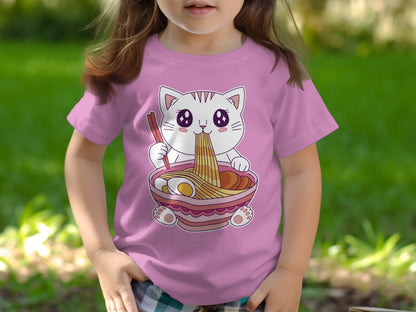 Cute Cat Eating Ramen Graphic Pink T-Shirt