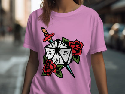 D20 Dice Sword Rose Graphic Design T-shirt