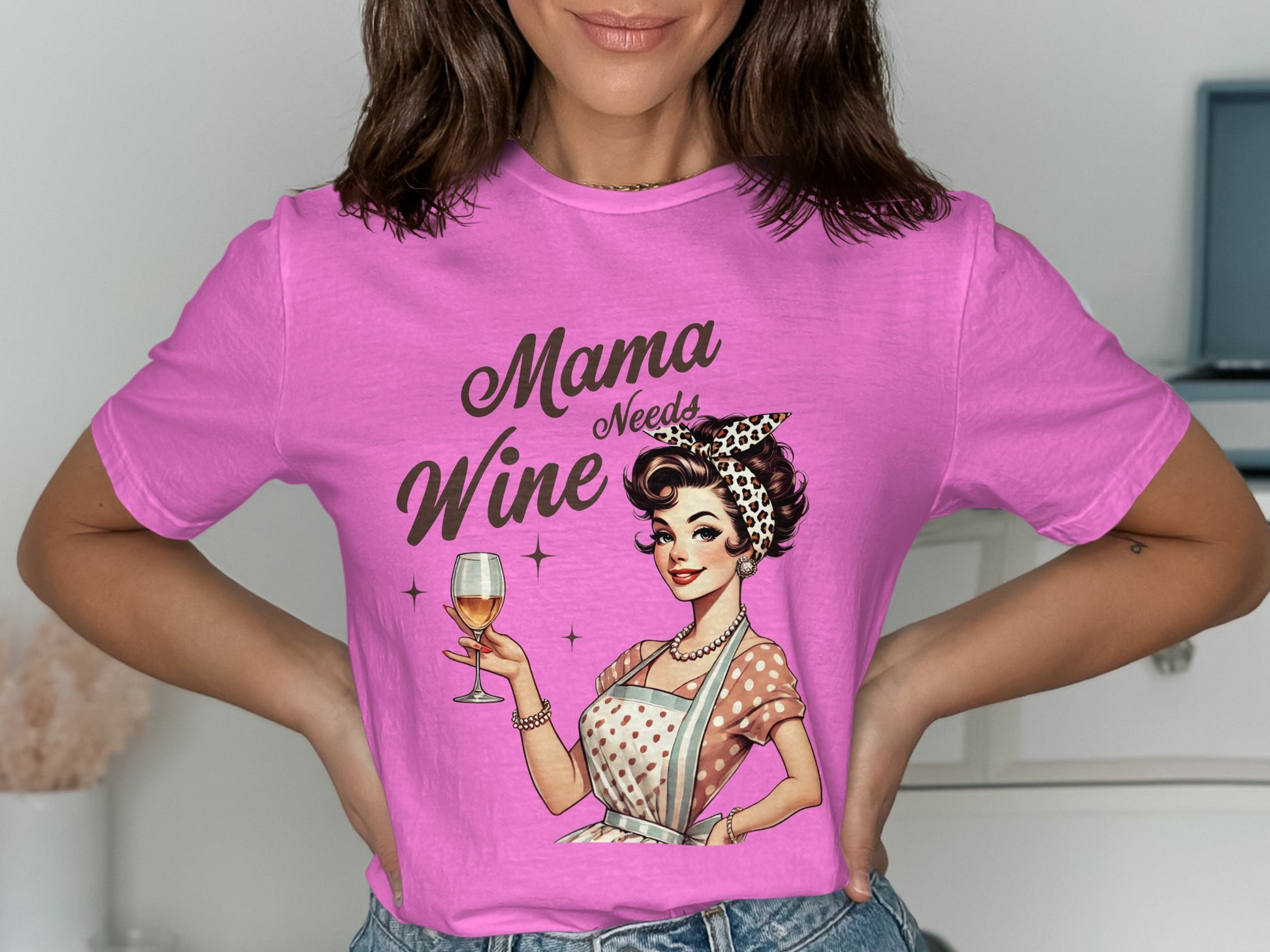 Mama Needs Wine Pink Vintage Style graphic t-shirt