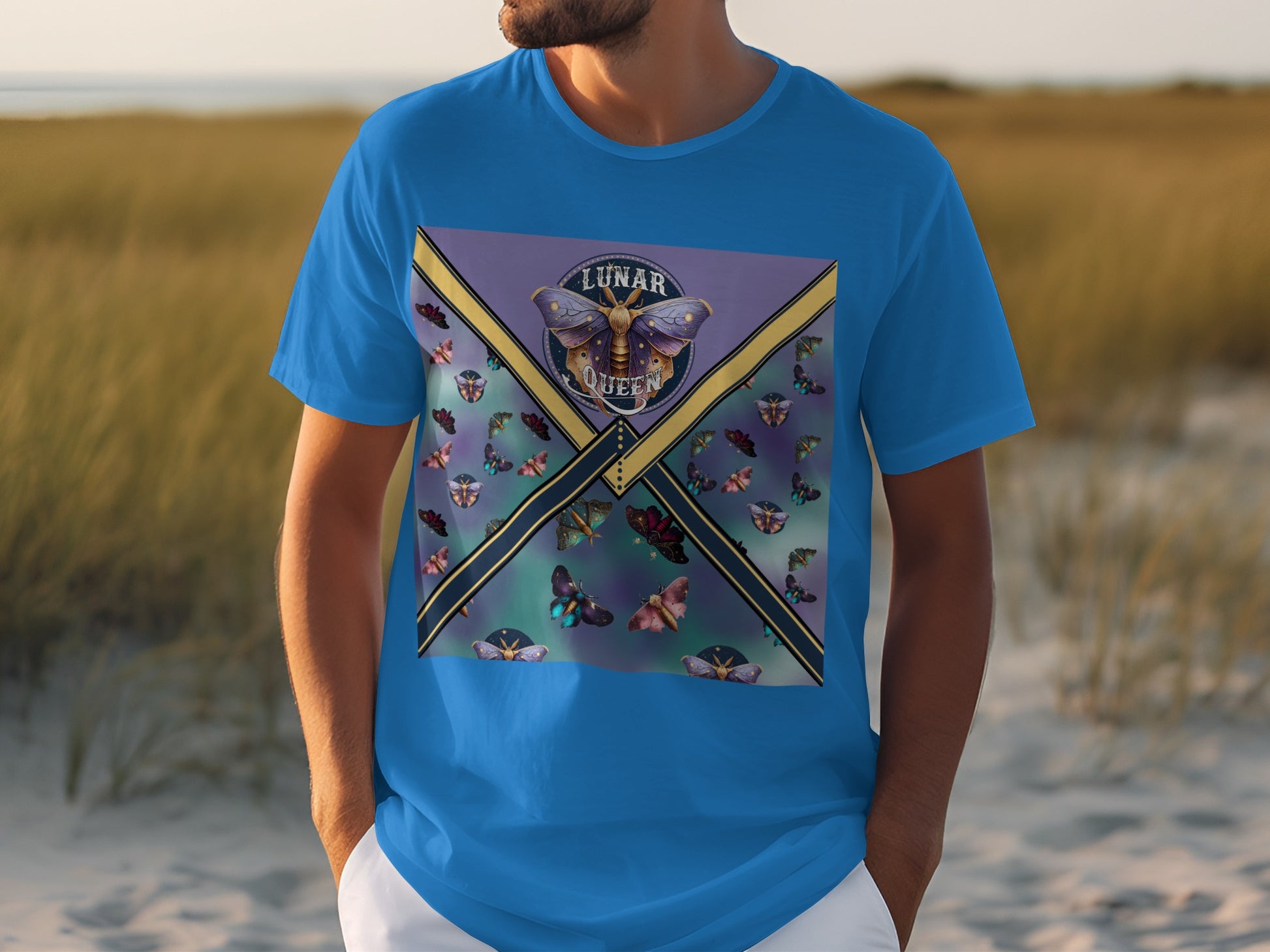 Vibrant Blue Shirt with Unique Lunar Queen Butterfly Print