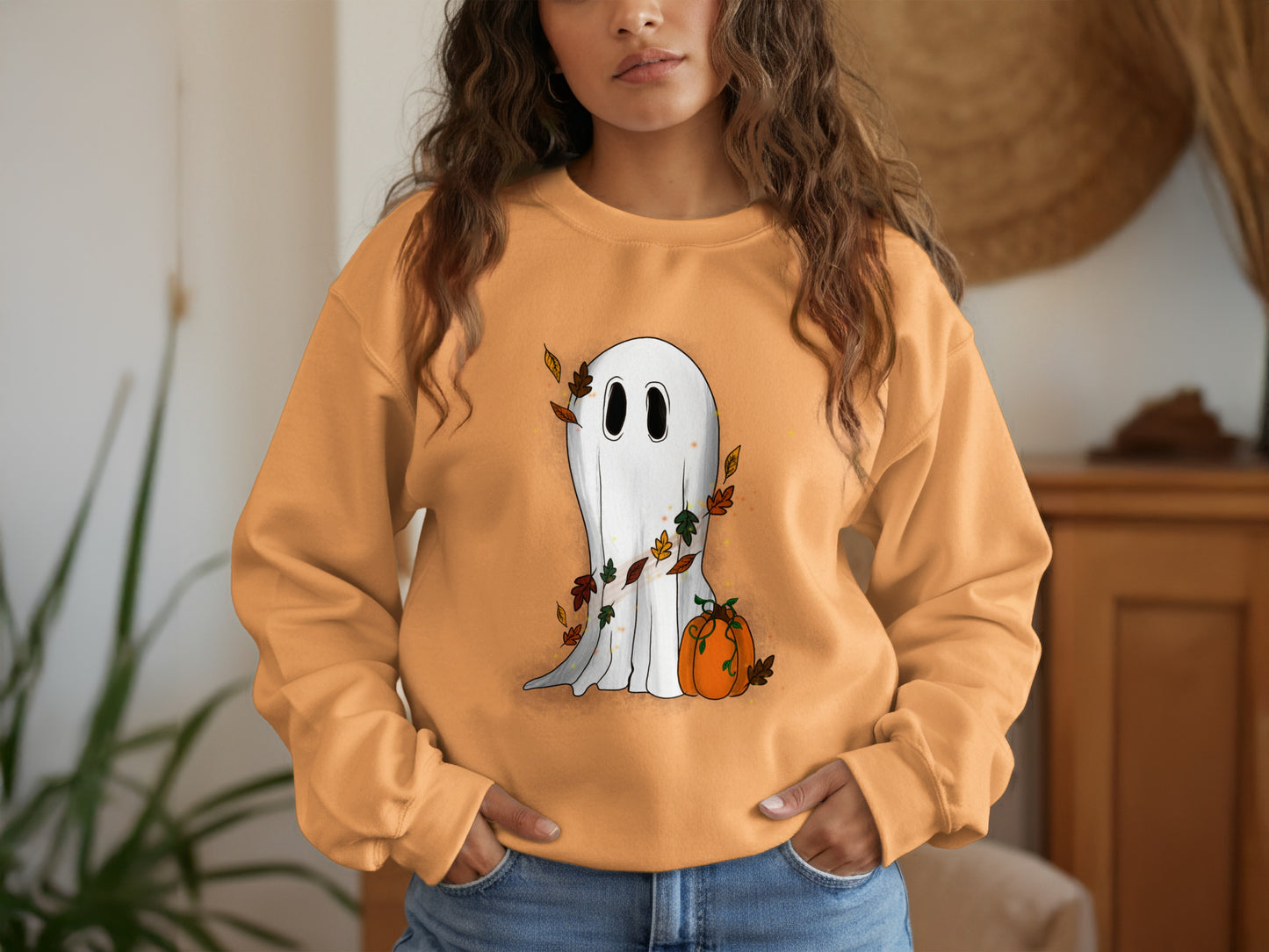 Cute Ghost With Leaves and Pumpkin Yellow Sweatshirt