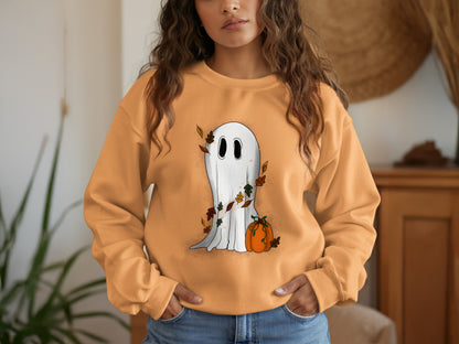 Cute Ghost With Leaves and Pumpkin Yellow Sweatshirt