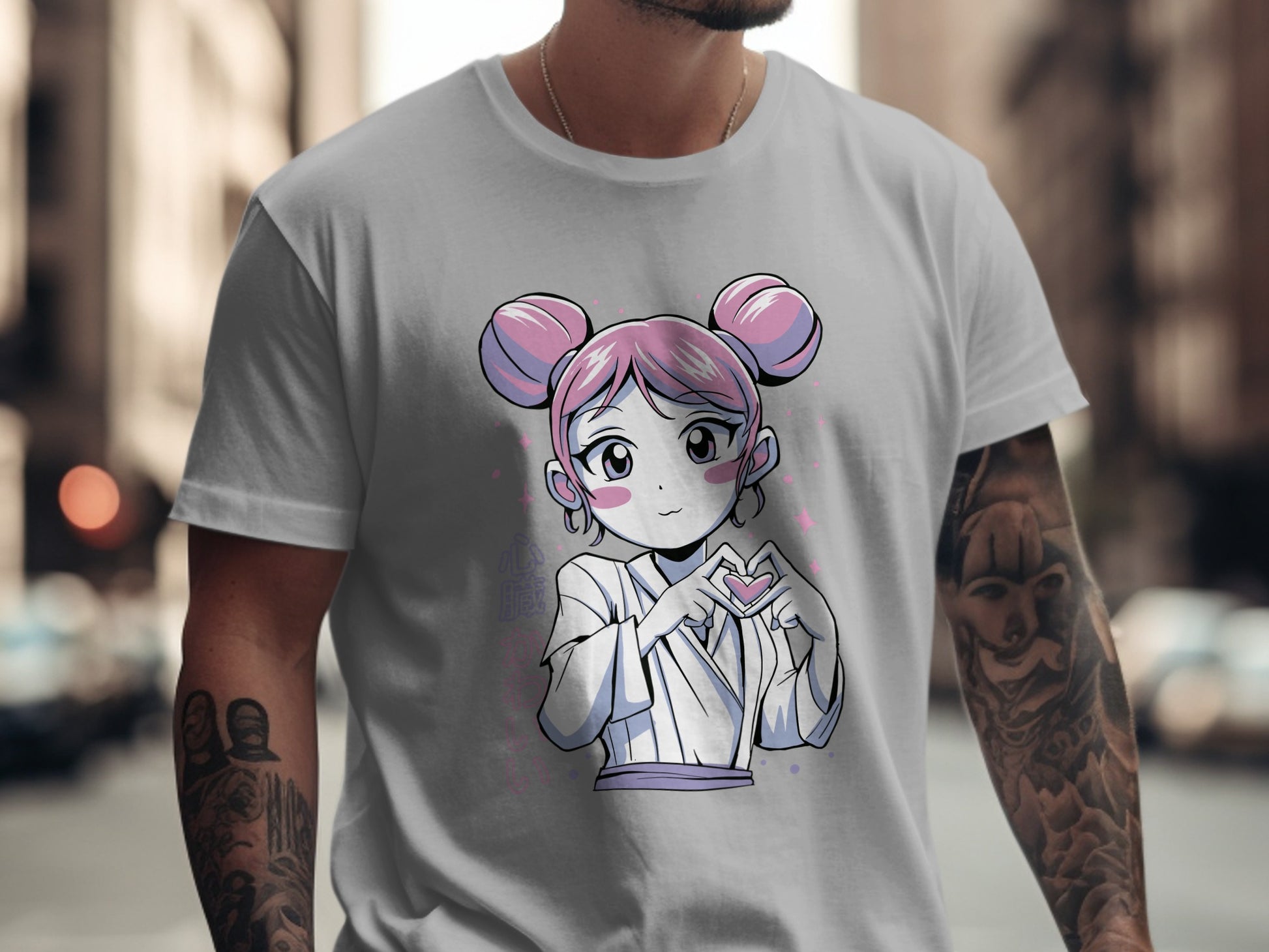 Cute Anime Girl with Pink Hair Heart Gesture Shirt