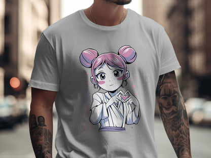 Cute Anime Girl with Pink Hair Heart Gesture Shirt