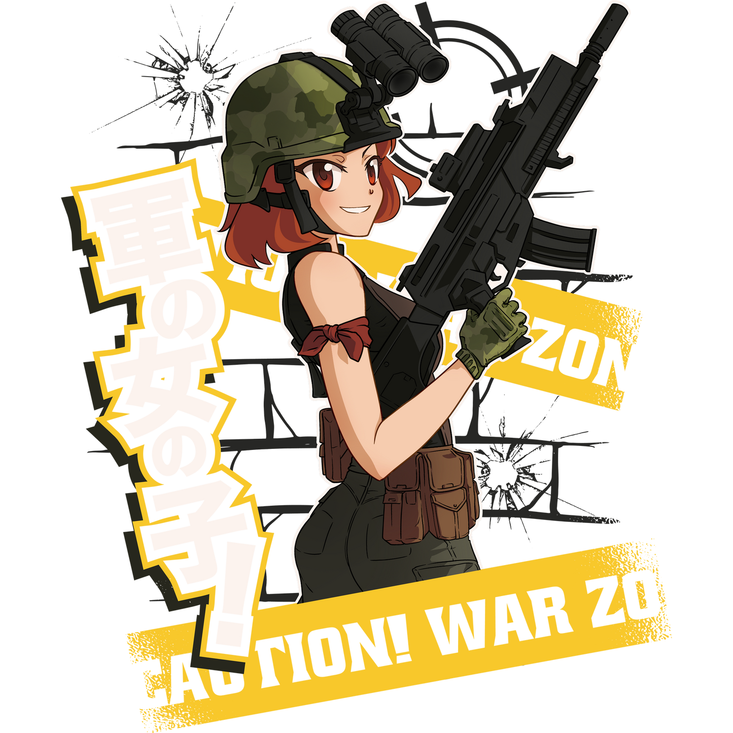 Tactical Anime Girl With Rifle Caution War Zone