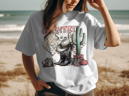 Country Soul Graphic Tee with Cactus and Boots Design