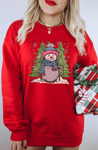 Festive Red Sweatshirt with Snowman in a Mug Design