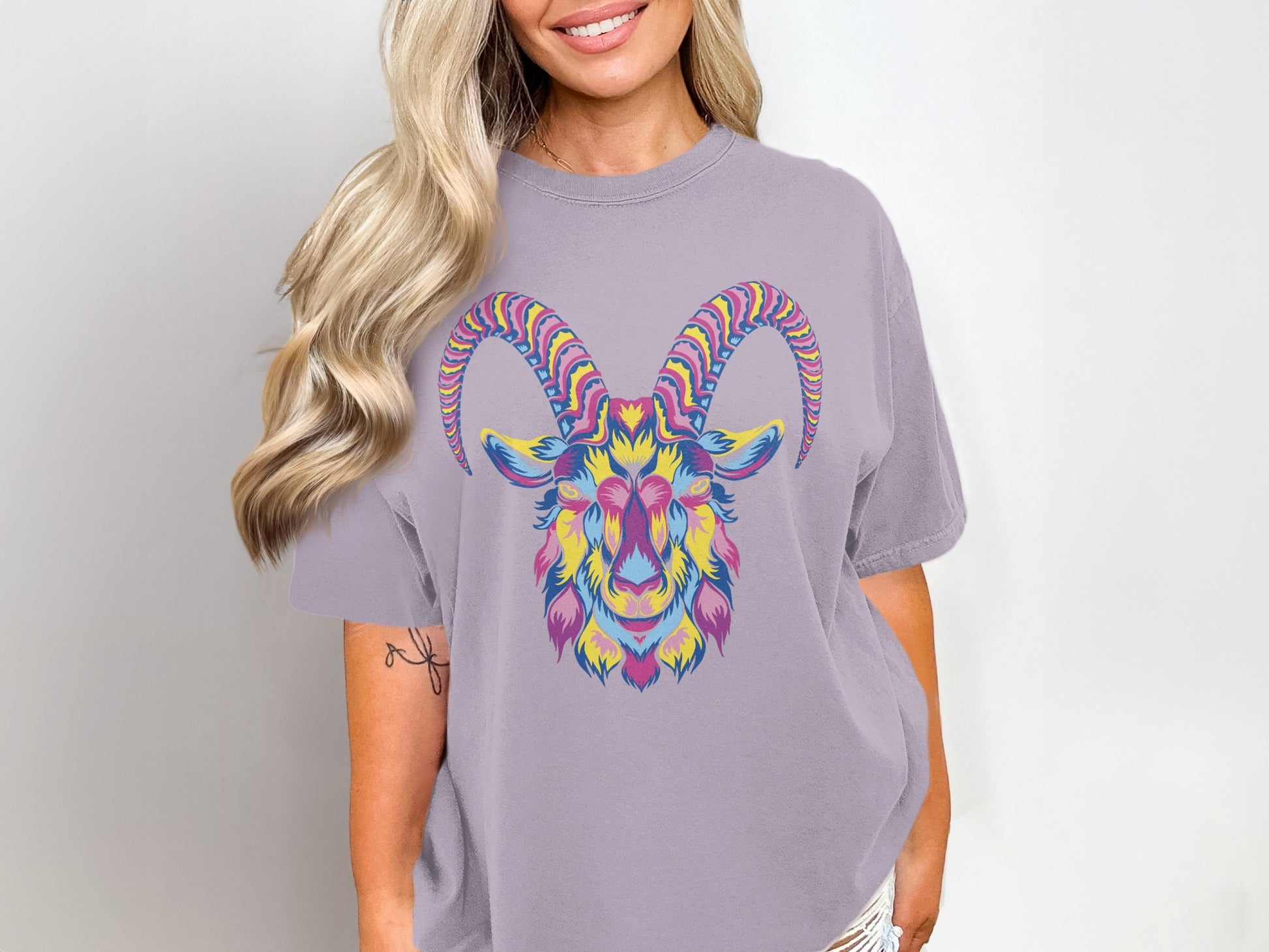 Colorful Rainbow Ram Print Relaxed Fit Shirt