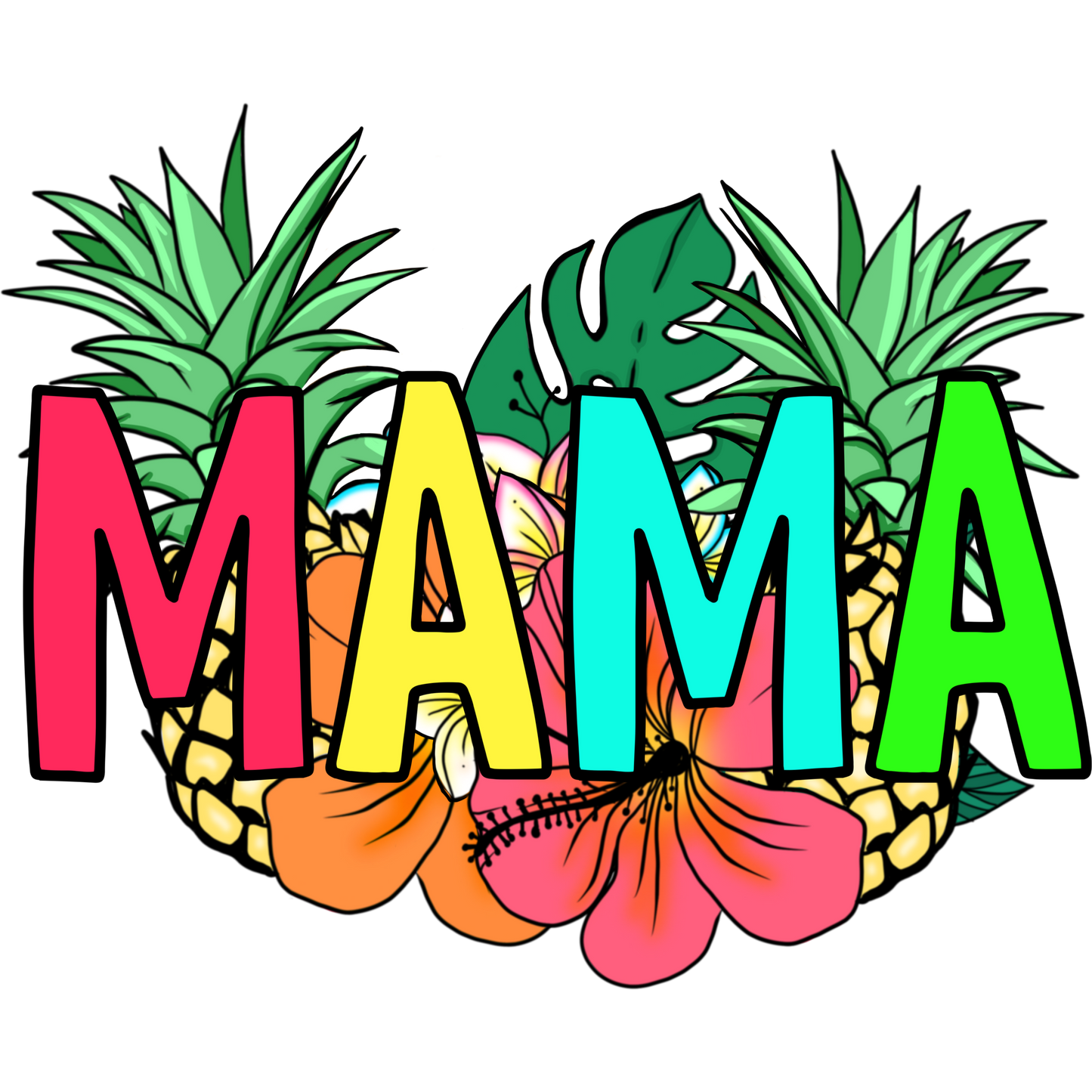 Colorful Tropical MAMA Text with Flowers Illustration