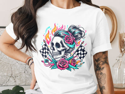 Women's T-Shirt with Vibrant Skull and Flowers Design