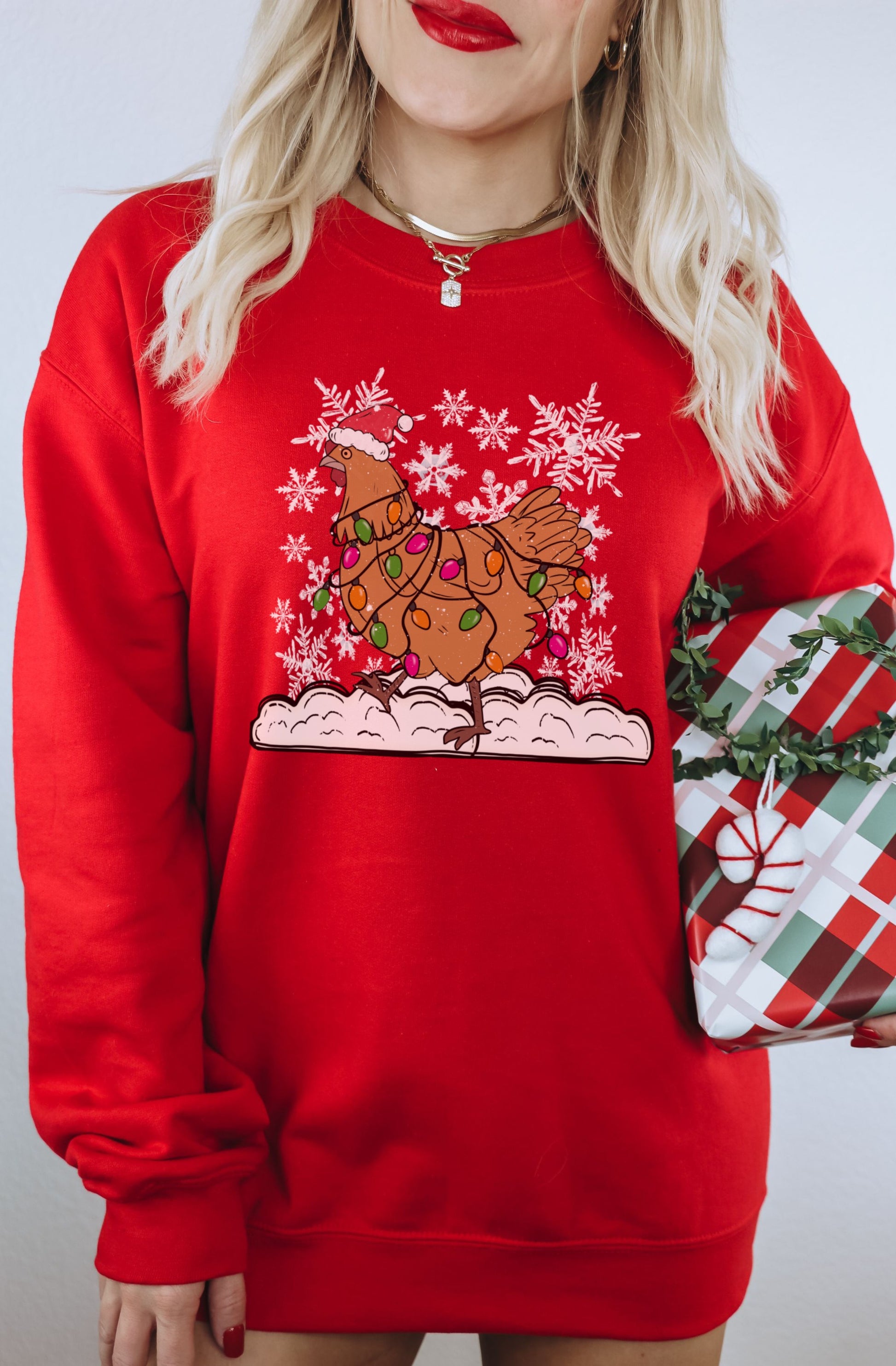 Festive Chicken with Snowflakes Christmas Sweatshirt