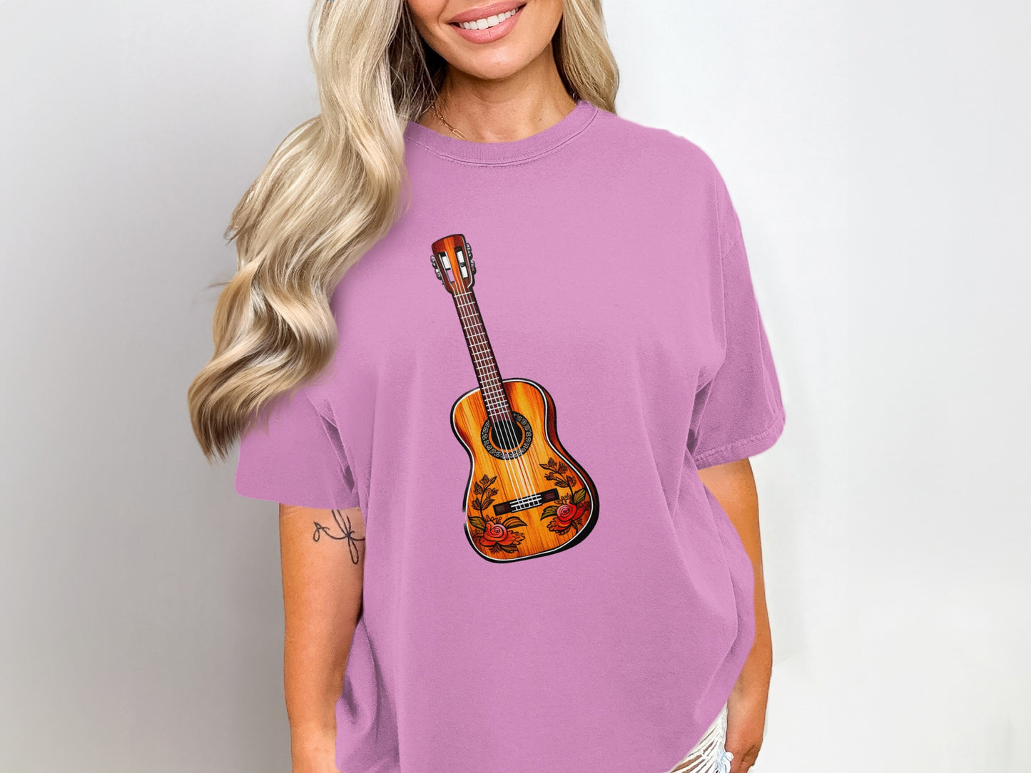 Guitar Print with Floral Design T-Shirt
