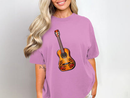 Guitar Print with Floral Design T-Shirt