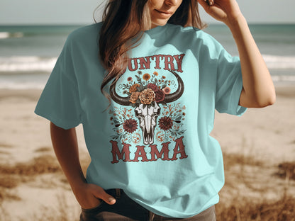 Country Mama Bull Skull Floral Design Shirt