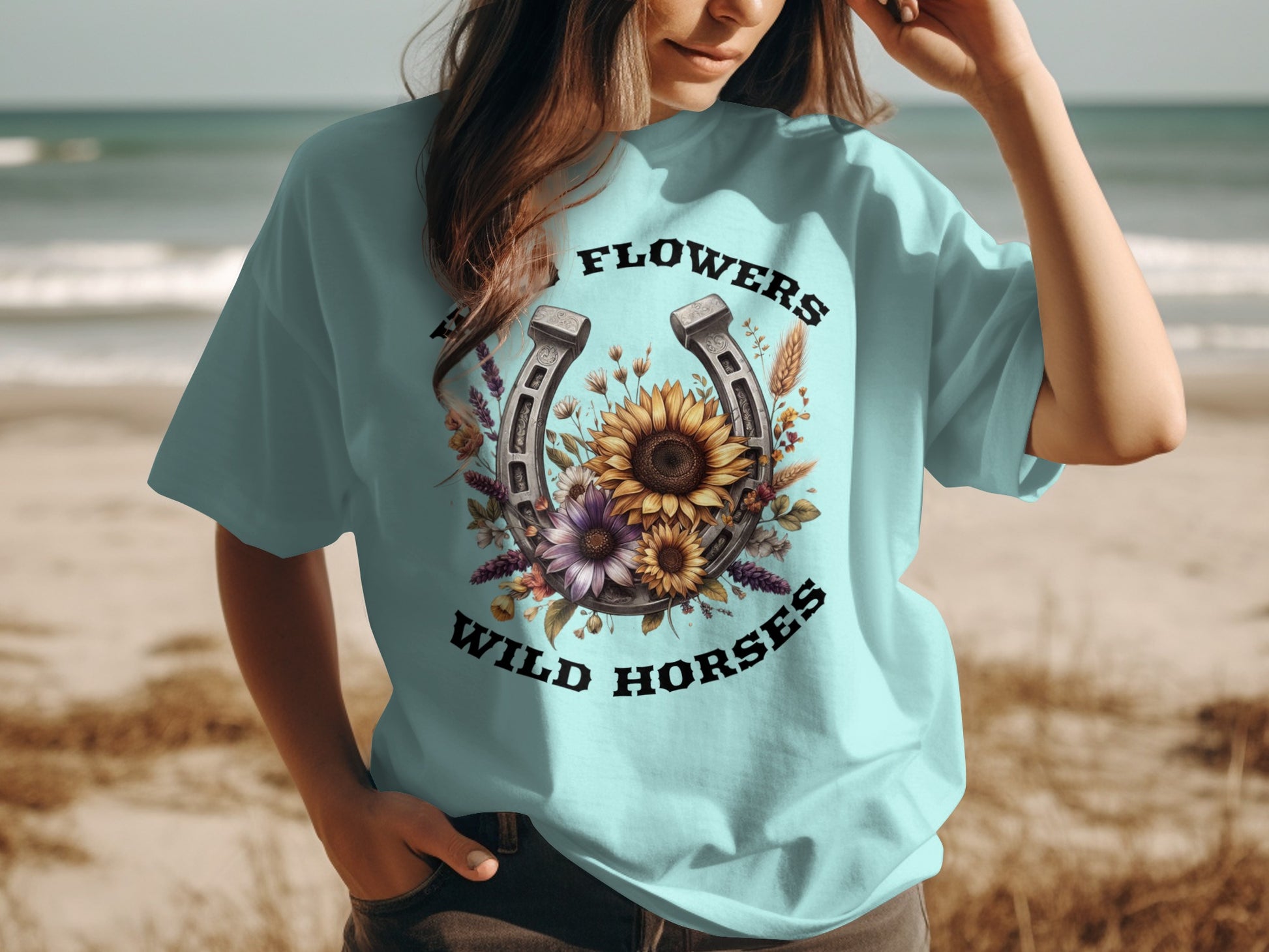 Wild Horses Flowers Graphic Design T-Shirt